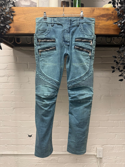 Balmain Blue Biker Knee ‘Double Zip’ Moto Skinny Jeans