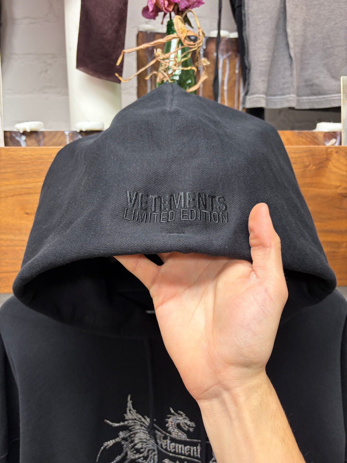 Vetements Crystal Embellished Black ‘Crest Logo’ Limited Edition Hoodie