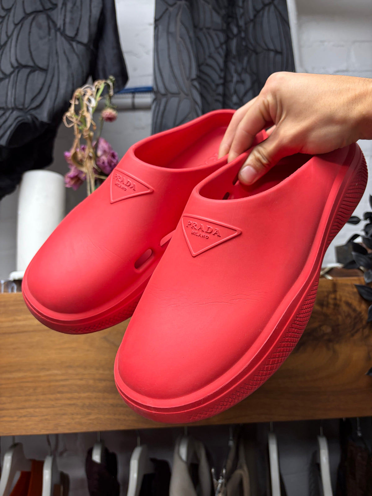 Prada Red Foam Rubber Slip-On Mules
