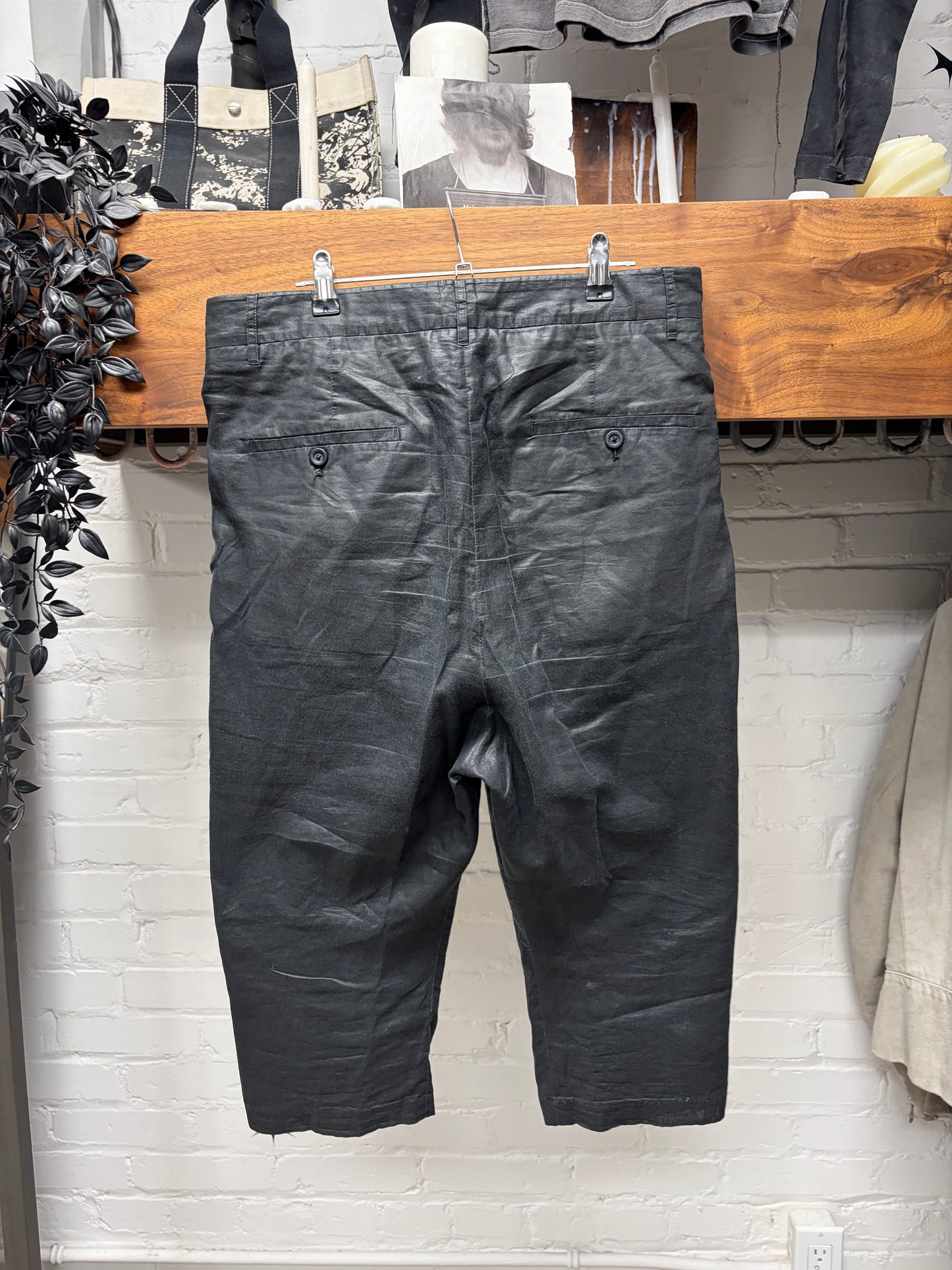 SS2016 Rick Owens ‘Cyclops’ Mainline Waxed Black Drop Crotch Cropped Trousers