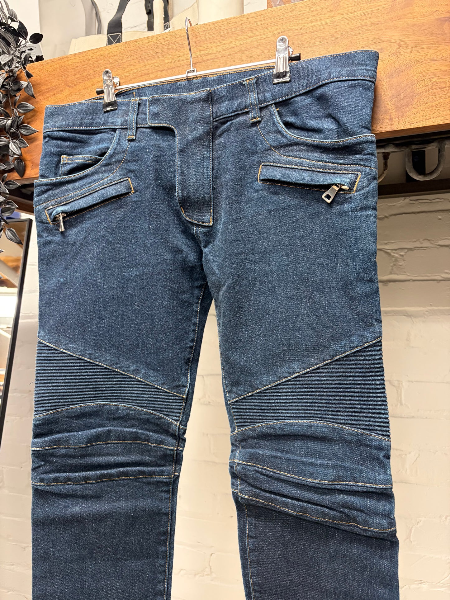 Balmain Classic Raw Blue Biker Knee Skinny Jeans