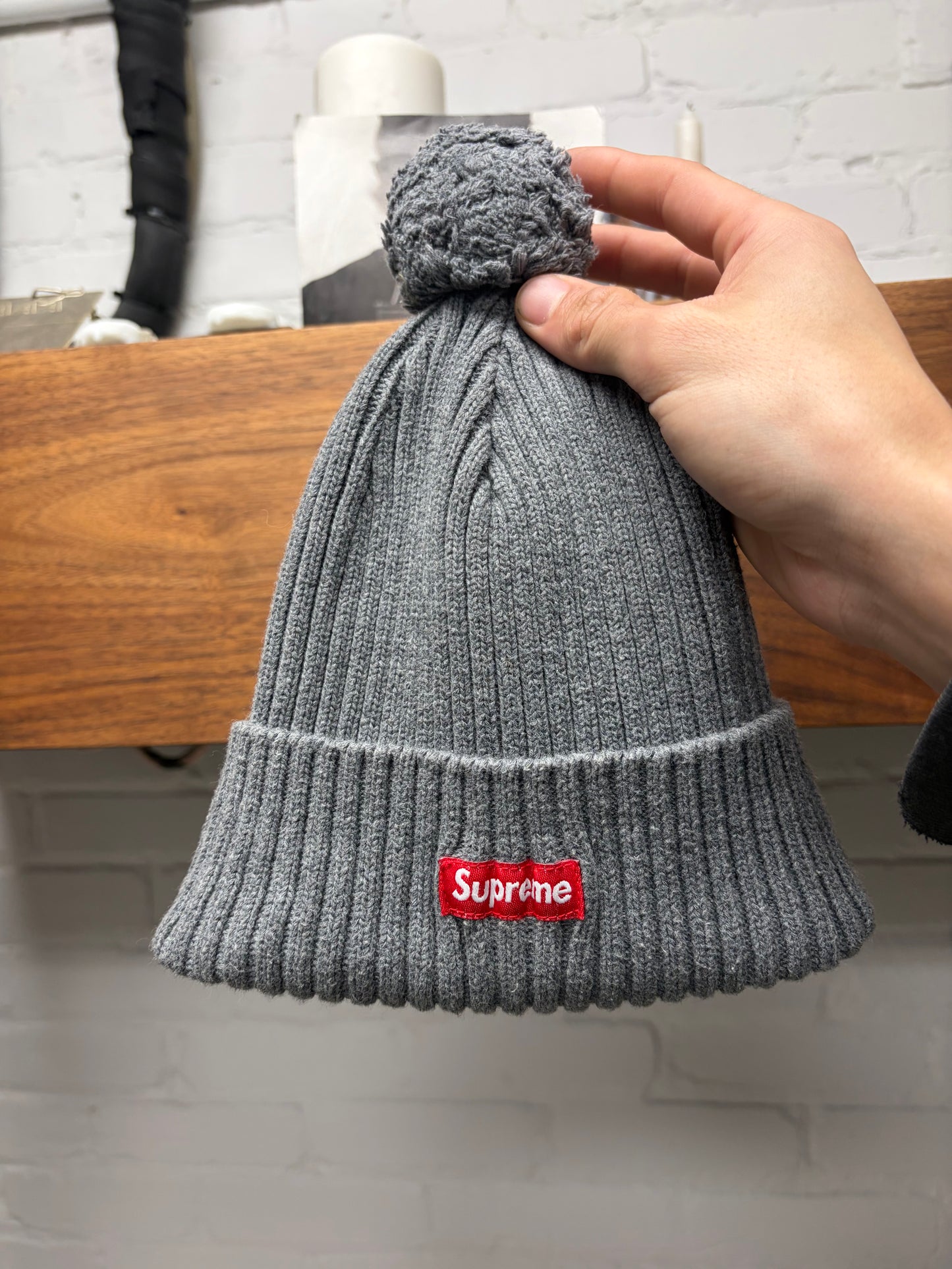 AW2013 Supreme Grey Box Logo Pom Pom Beanie