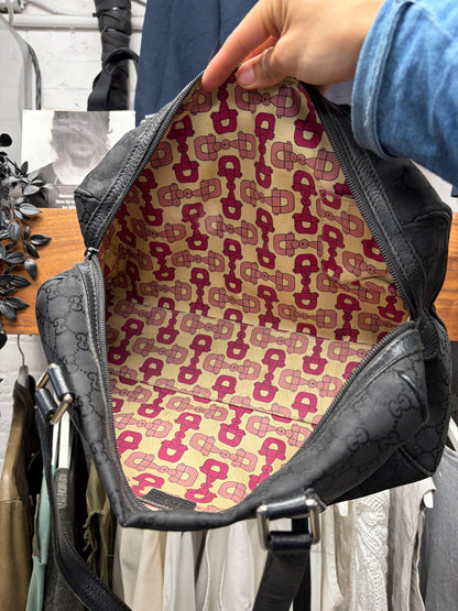 2000s Gucci ‘Guccisima’ Black Canvas Monogram Shoulder Bag with Pink Horsebit Interior
