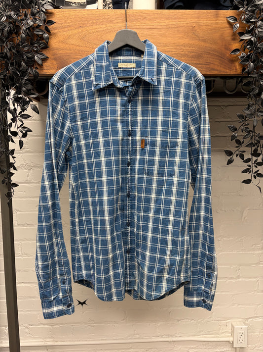 Burberry White/Blue Plaid Button Up Shirt with Leather Tab