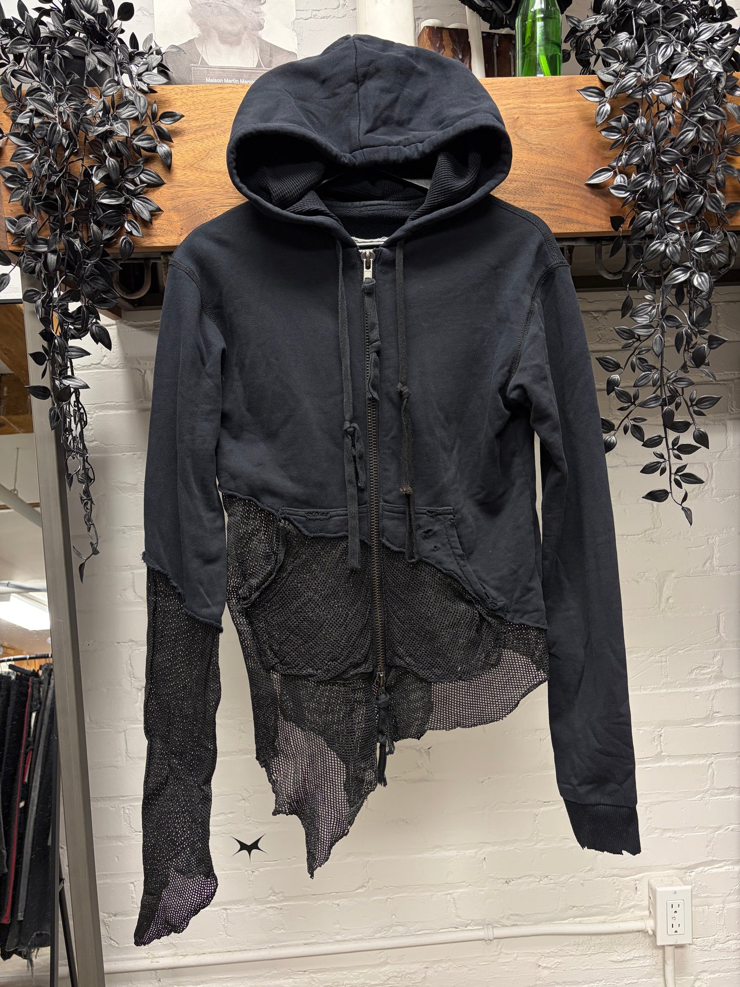 Greg Lauren Perforated Mesh Leather Spliced Hybrid Zip-Up Hoodie