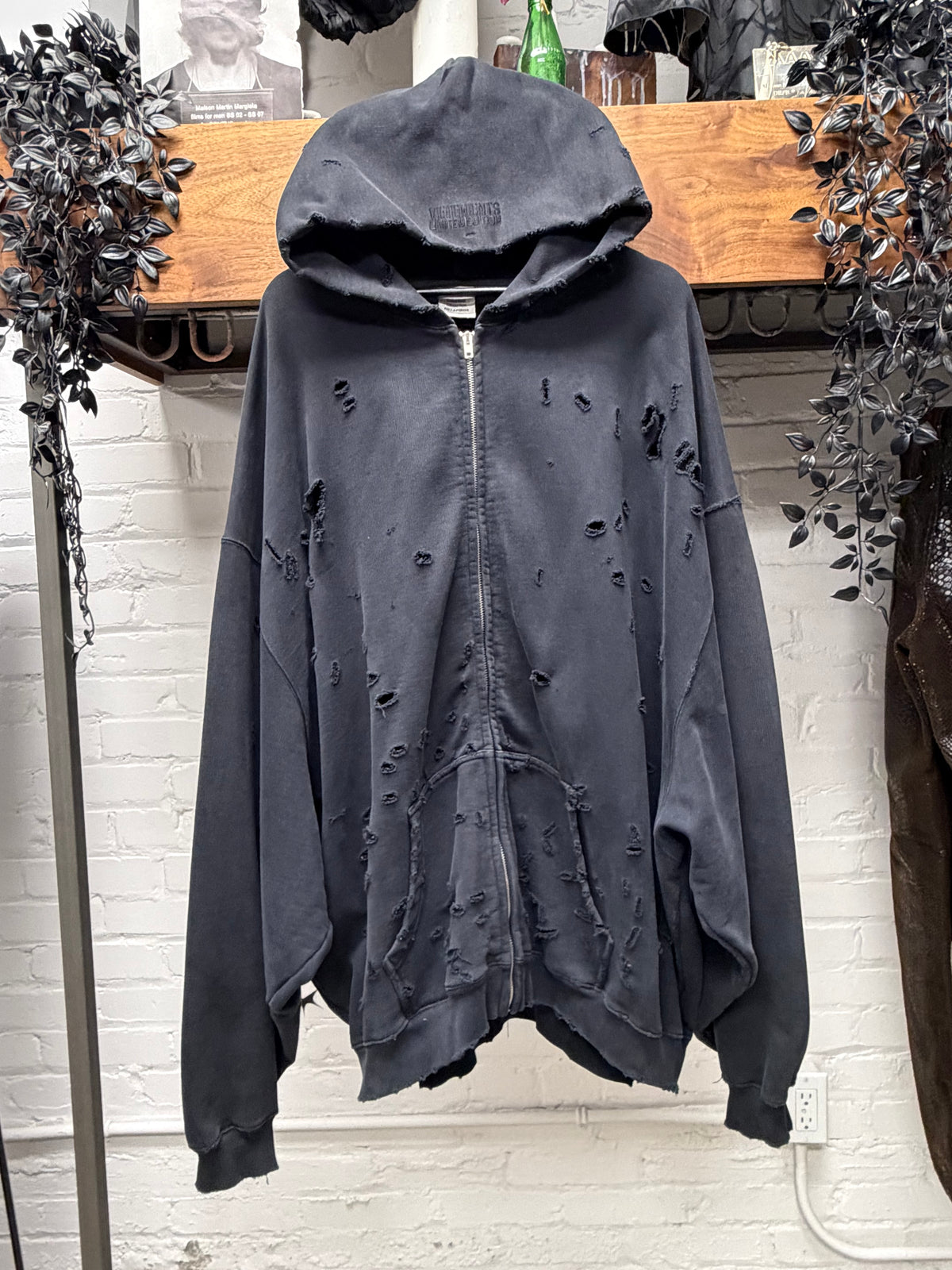Vetements ‘Hood Embroidered’ Black Thrash Distressed Heavy Cotton Zip-Up Hoodie