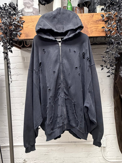 Vetements ‘Hood Embroidered’ Black Thrash Distressed Heavy Cotton Zip-Up Hoodie