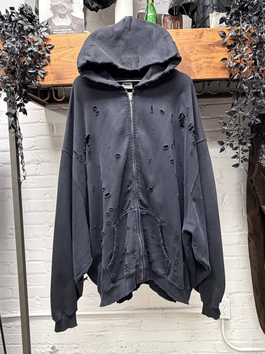 Vetements ‘Hood Embroidered’ Black Thrash Distressed Heavy Cotton Zip-Up Hoodie