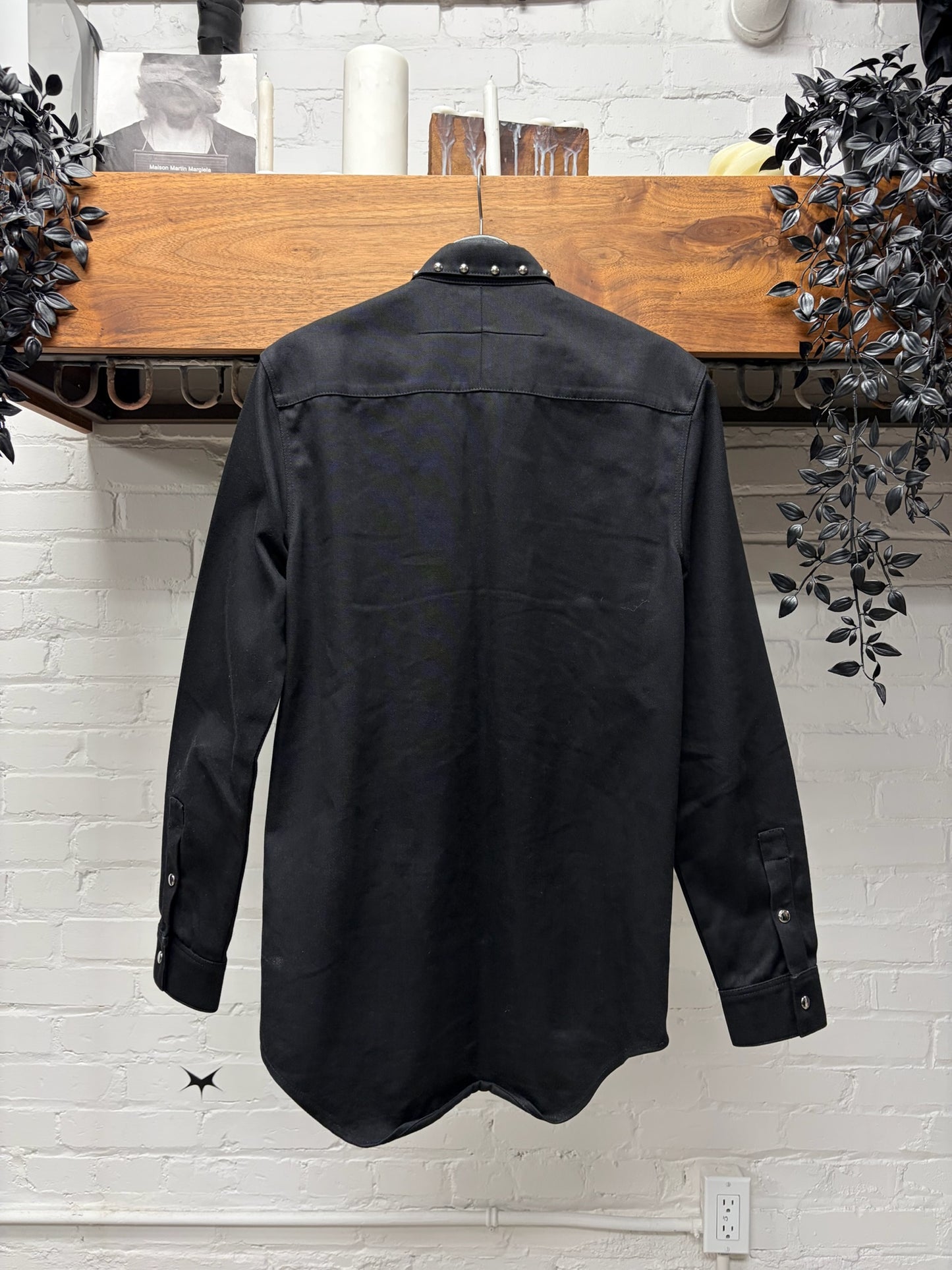 SS2016 Givenchy by Ricardo Tisci Black Studded Denim Pearl Button Snap Shirt