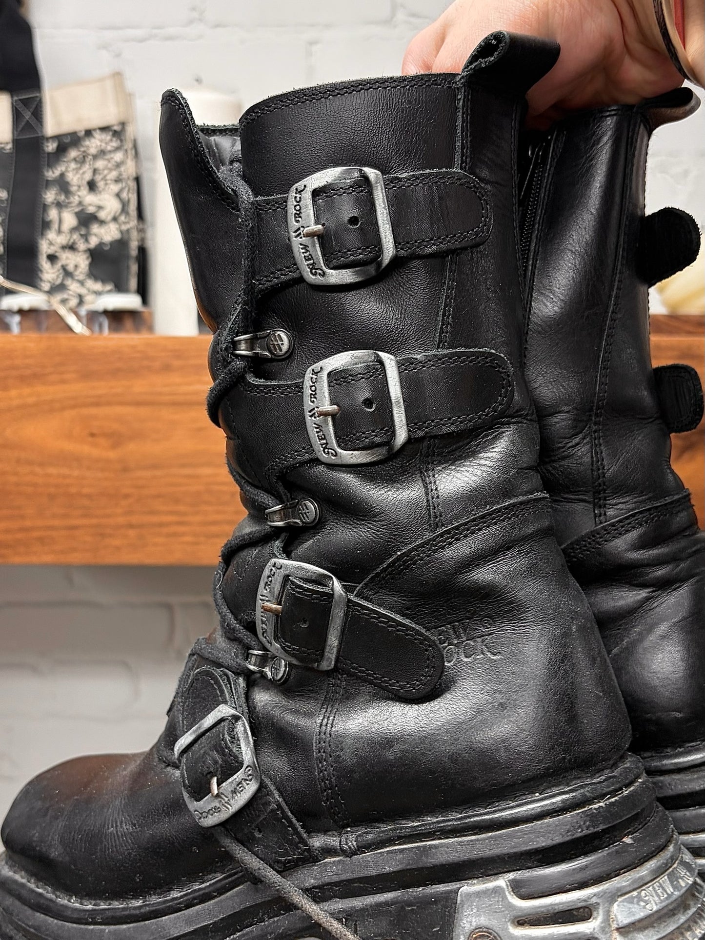 New Rock ‘M373’ Black/Silver Hardware Platform Leather Boots