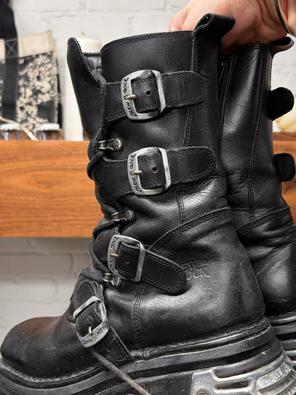 New Rock ‘M373’ Black/Silver Hardware Platform Leather Boots