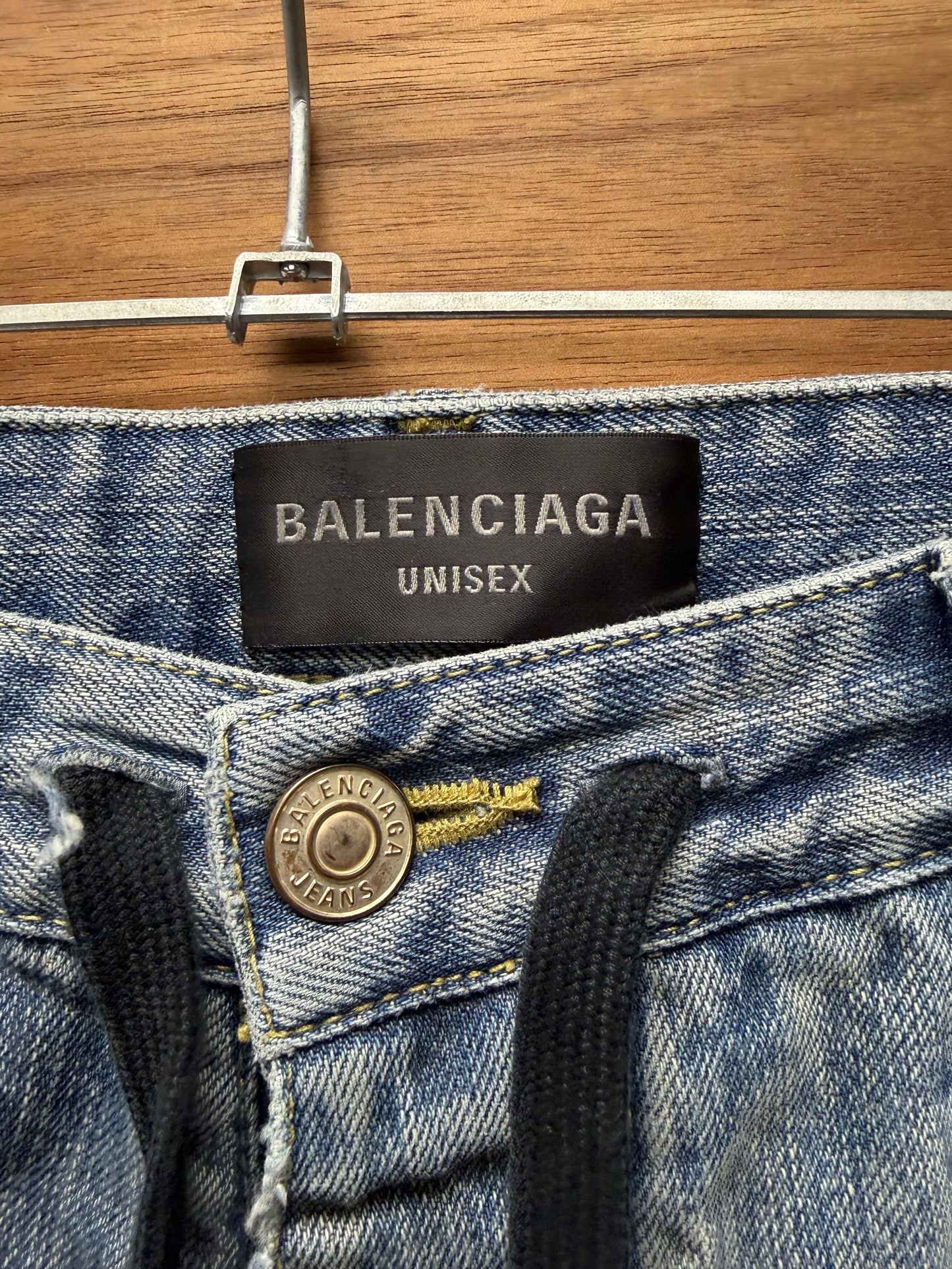 2023 Balenciaga ‘Twist Seam’ Wide Leg Blue Drawstring Denim