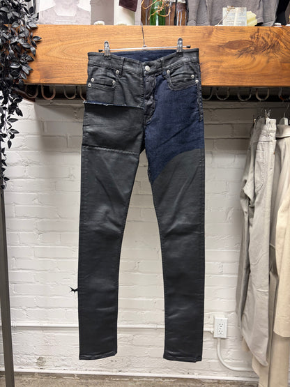SS2019 Rick Owens ‘Babel’ Patched Waxed Black/Blue ‘Tyrone’ Skinny Jeans