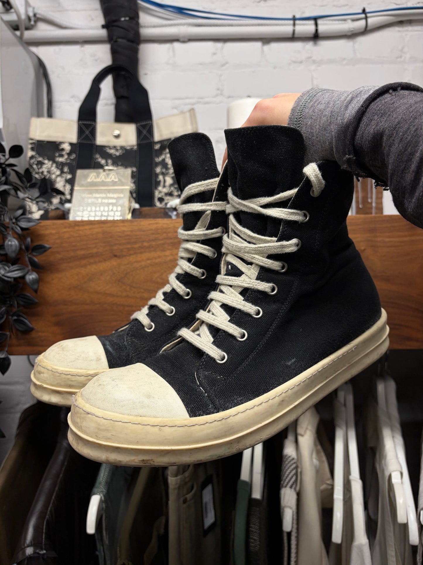 Rick Owens DRKSHDW Black Canvas ‘Ramones’ High Top Sneakers