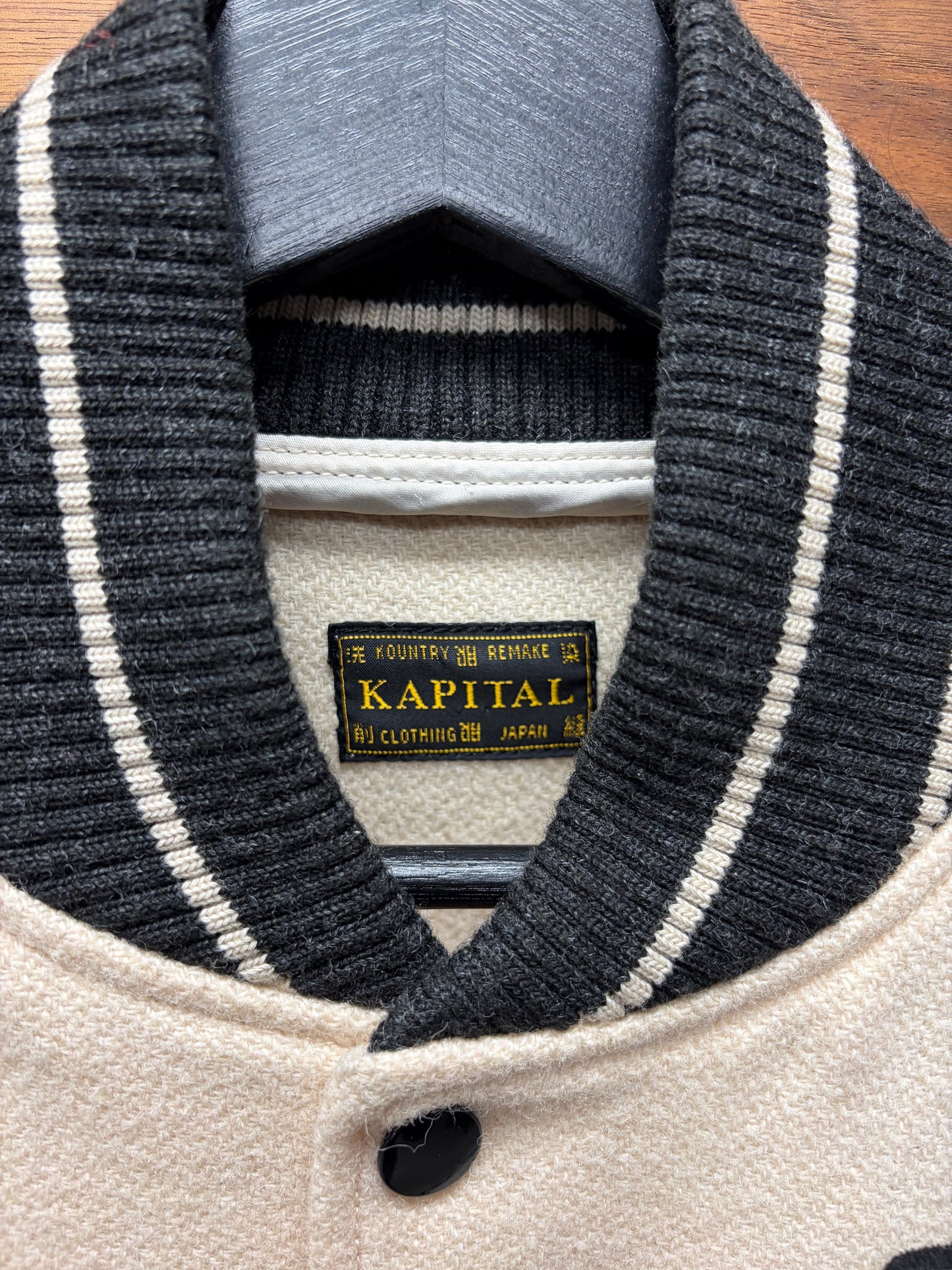 Kapital ‘I-Five’ Cream/Black Leather ‘Bone’ Varsity Jacket