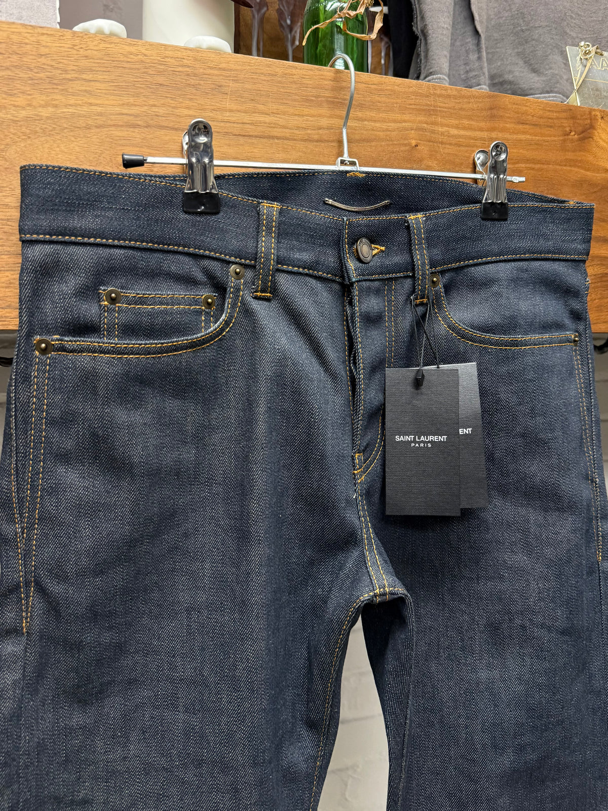 2020 Saint Laurent ‘D18’ Dark Raw Washed Blue Skinny Jeans