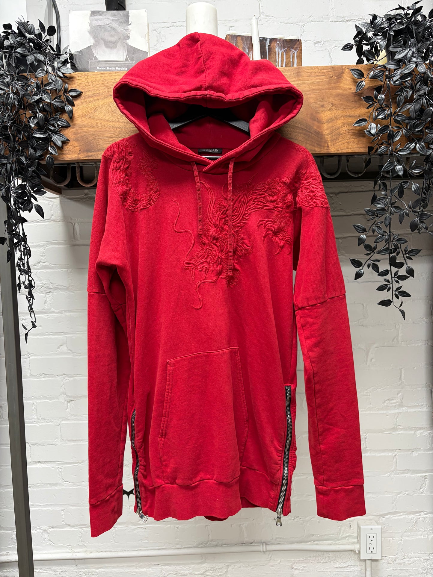 Balmain Double Side-Zip ‘Ancient Dragon’ Embroidered Red Hoodie