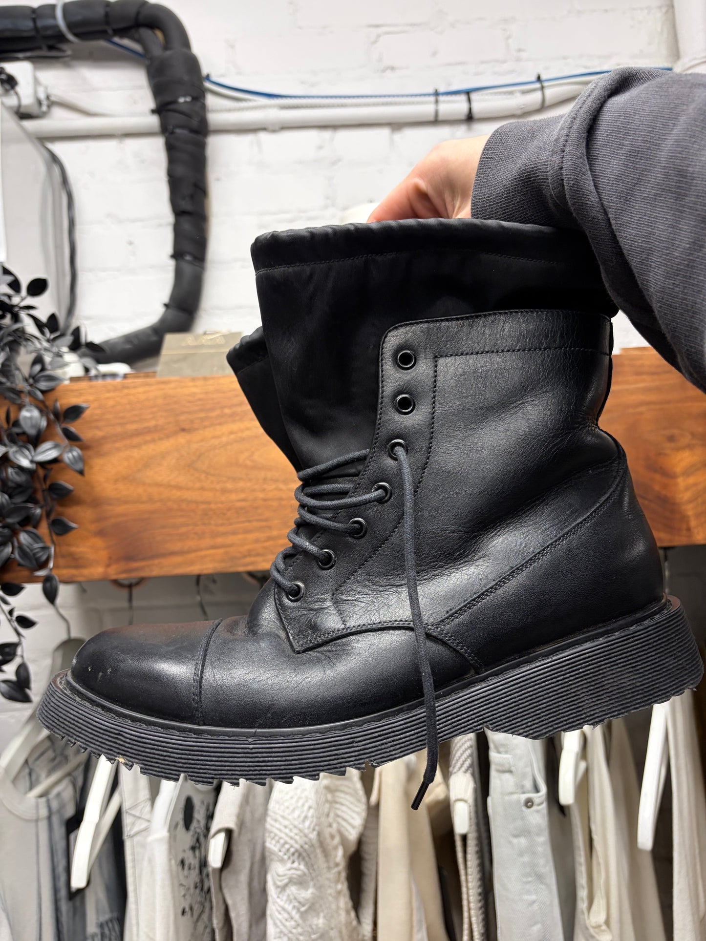 Vintage Prada Mainline Leather/Black Nylon Shell Ankle Boots