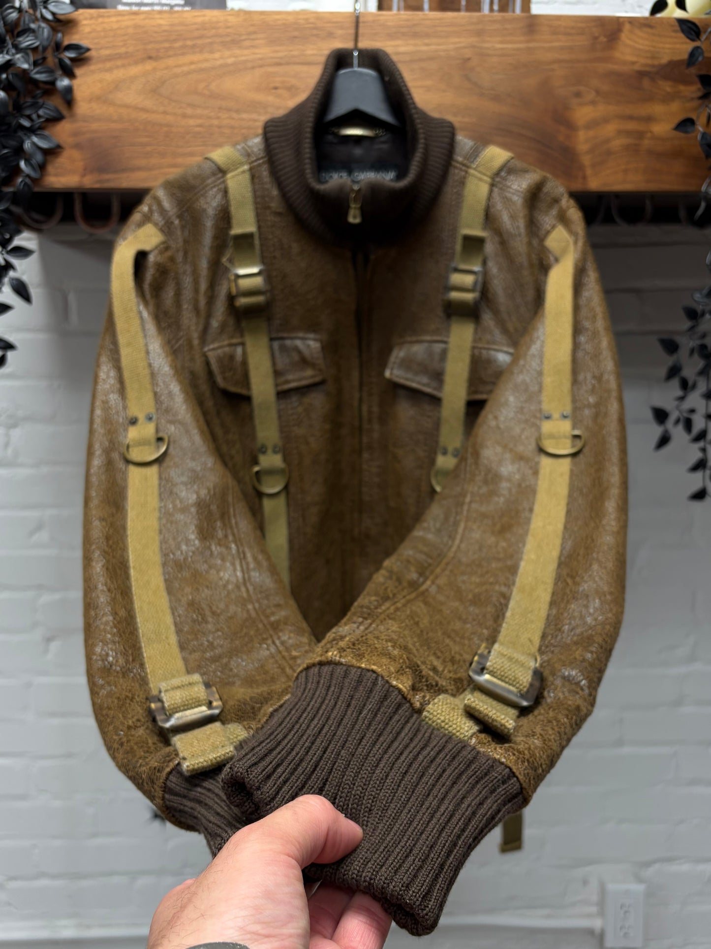 AW2003 Dolce and Gabbana ‘Bondage Strap’ Brown Goatskin Leather Bomber Jacket