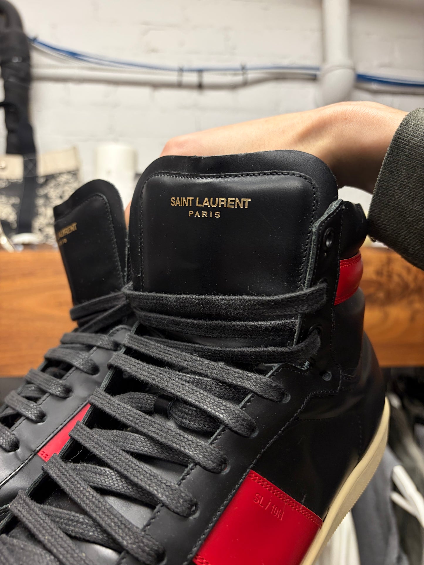 Saint Laurent ‘SL/10H’ Black/Red Leather Court High Top Sneakers