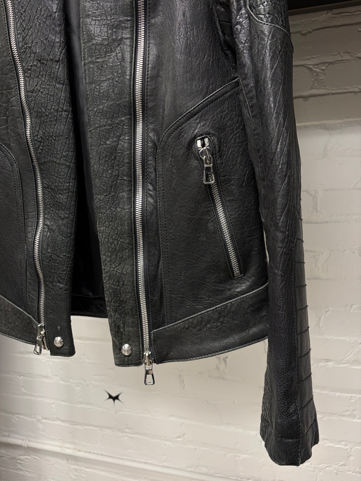 AW2015 Balmain x H&M Black Lambskin Leather Biker Jacket