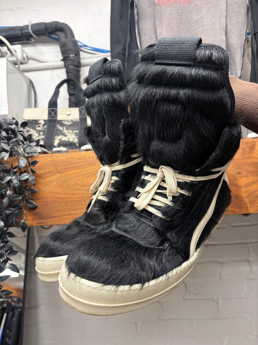 Rick Owens Pony-Hair Black/Milk ‘Geobasket’ High Top Sneakers