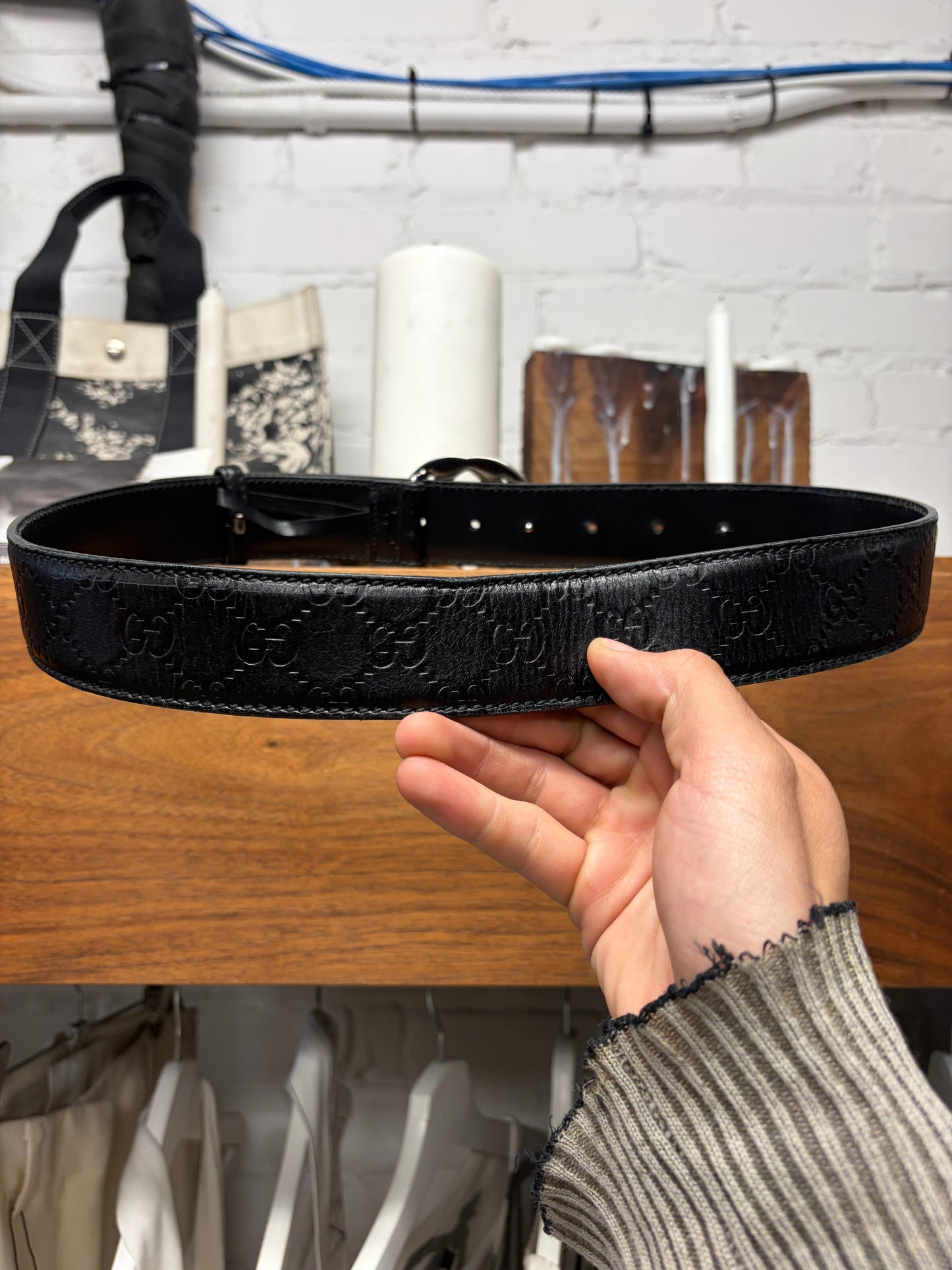 Gucci ‘Guccisima’ Black Monogram Silver Buckle Leather Belt