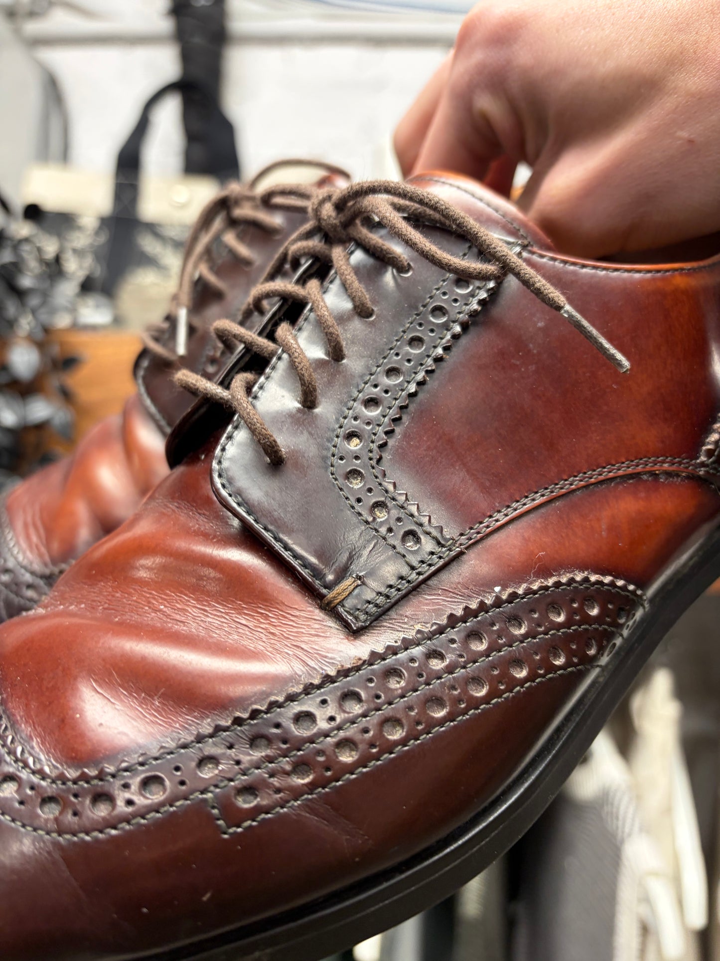 Prada Wingtip Brogue Leather Oxford Shoes with Natural Brown Patina