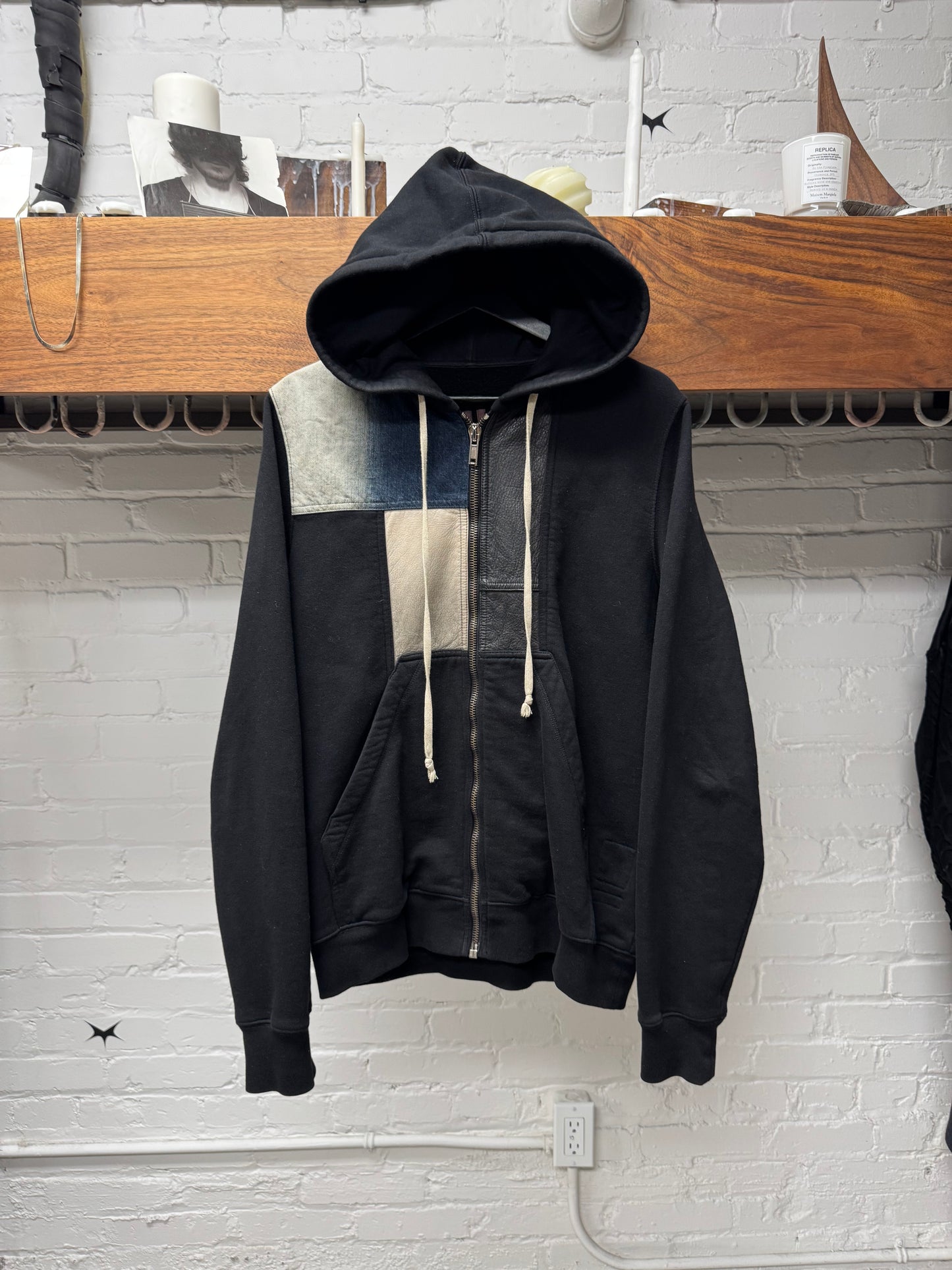 SS2016 Rick Owens ‘Cyclops’ Denim/Leather Patchwork ‘Jason’ Zip Up Hoodie
