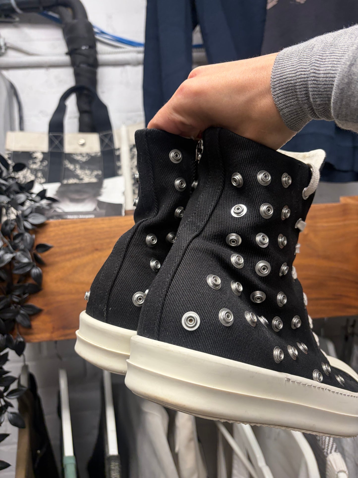 Rick Owens ‘Ramones’ Studded Eyelet Black Canvas High Top Sneakers