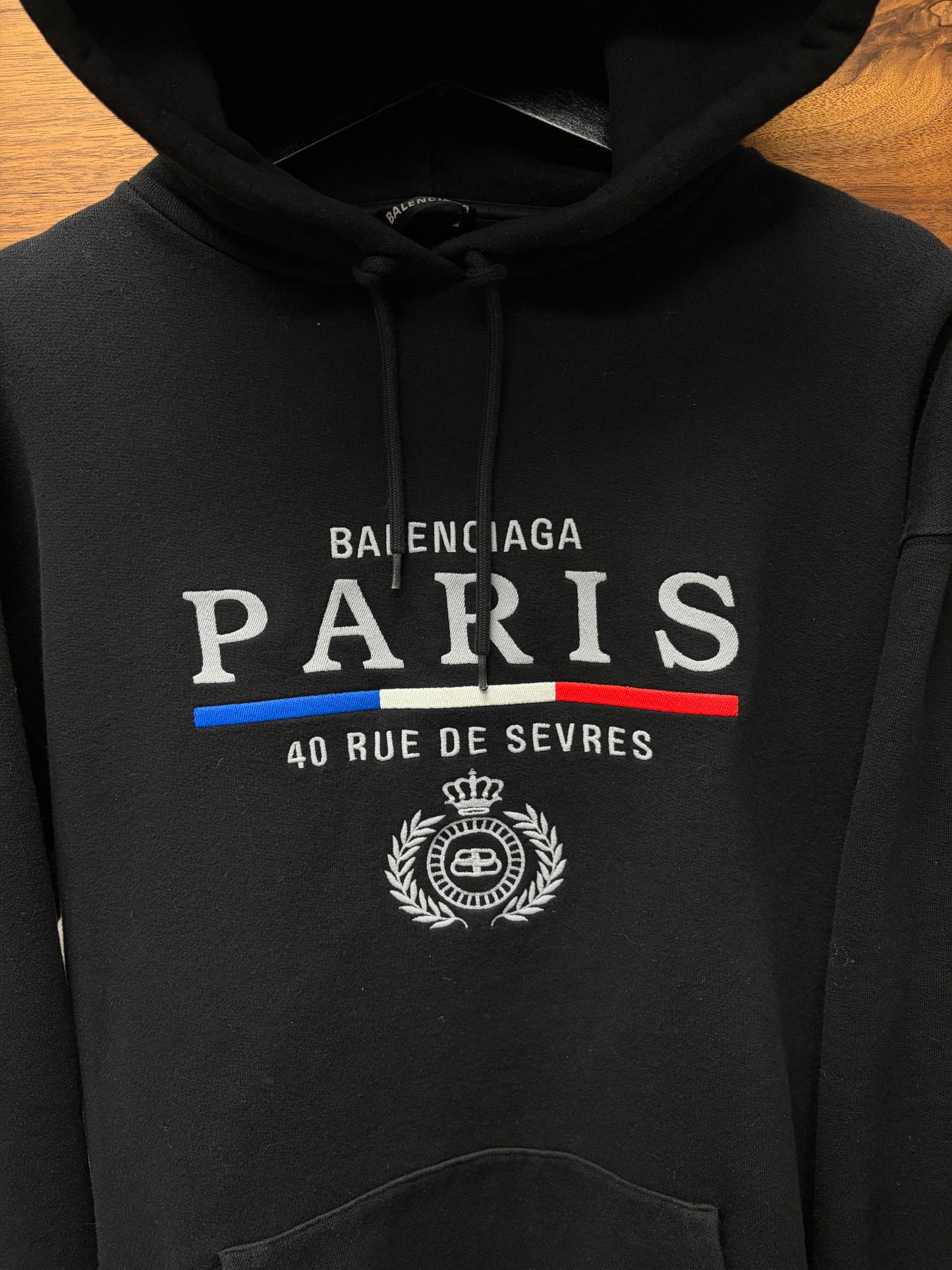 2019 Balenciaga ‘Paris’ Embroidered Logo Black Drawstring Hoodie