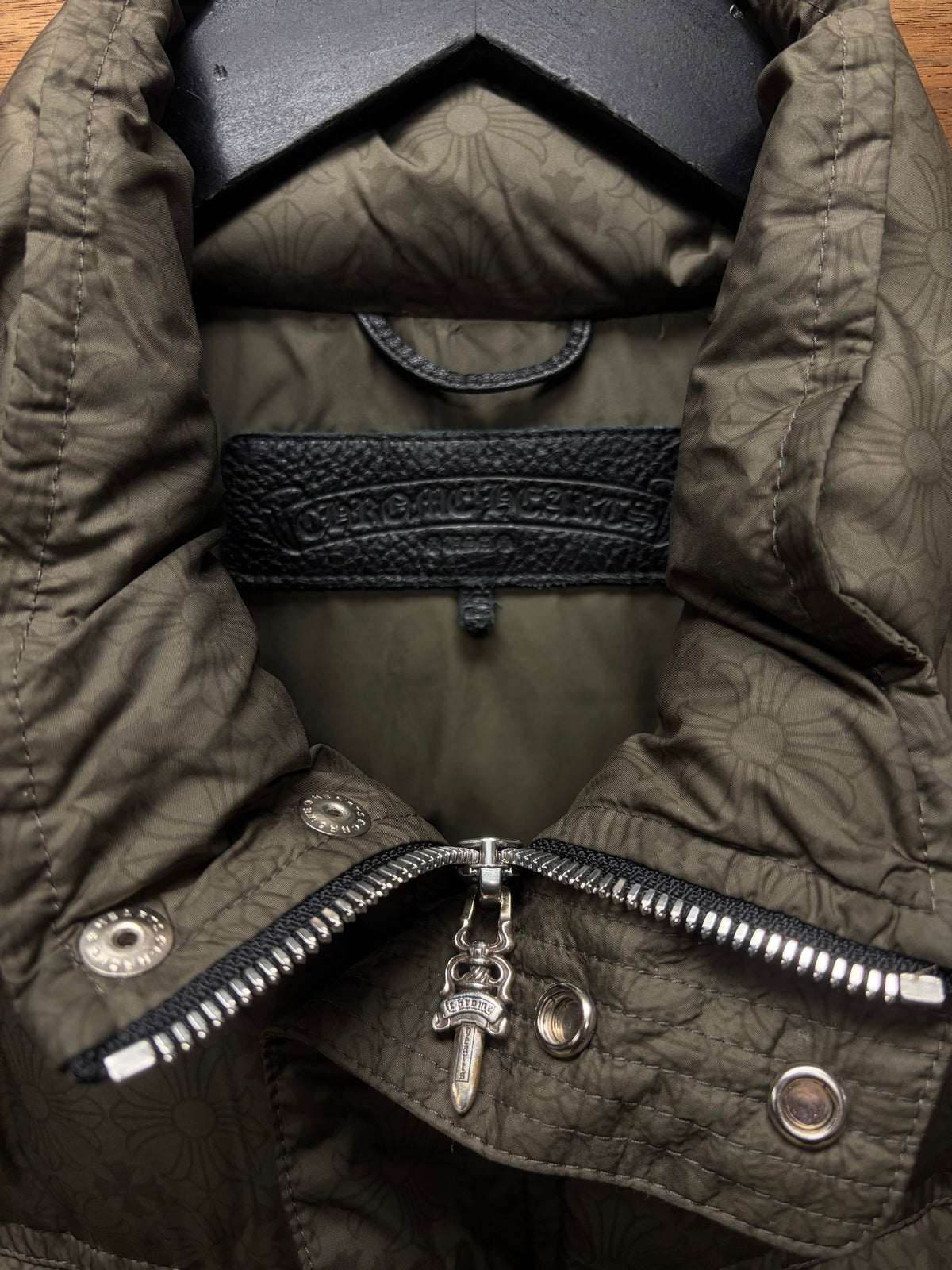 Chrome Hearts Dark Green ‘Plus Cross Monogram’ Down Filled Puffer Jacket with .925 Silver Hardware