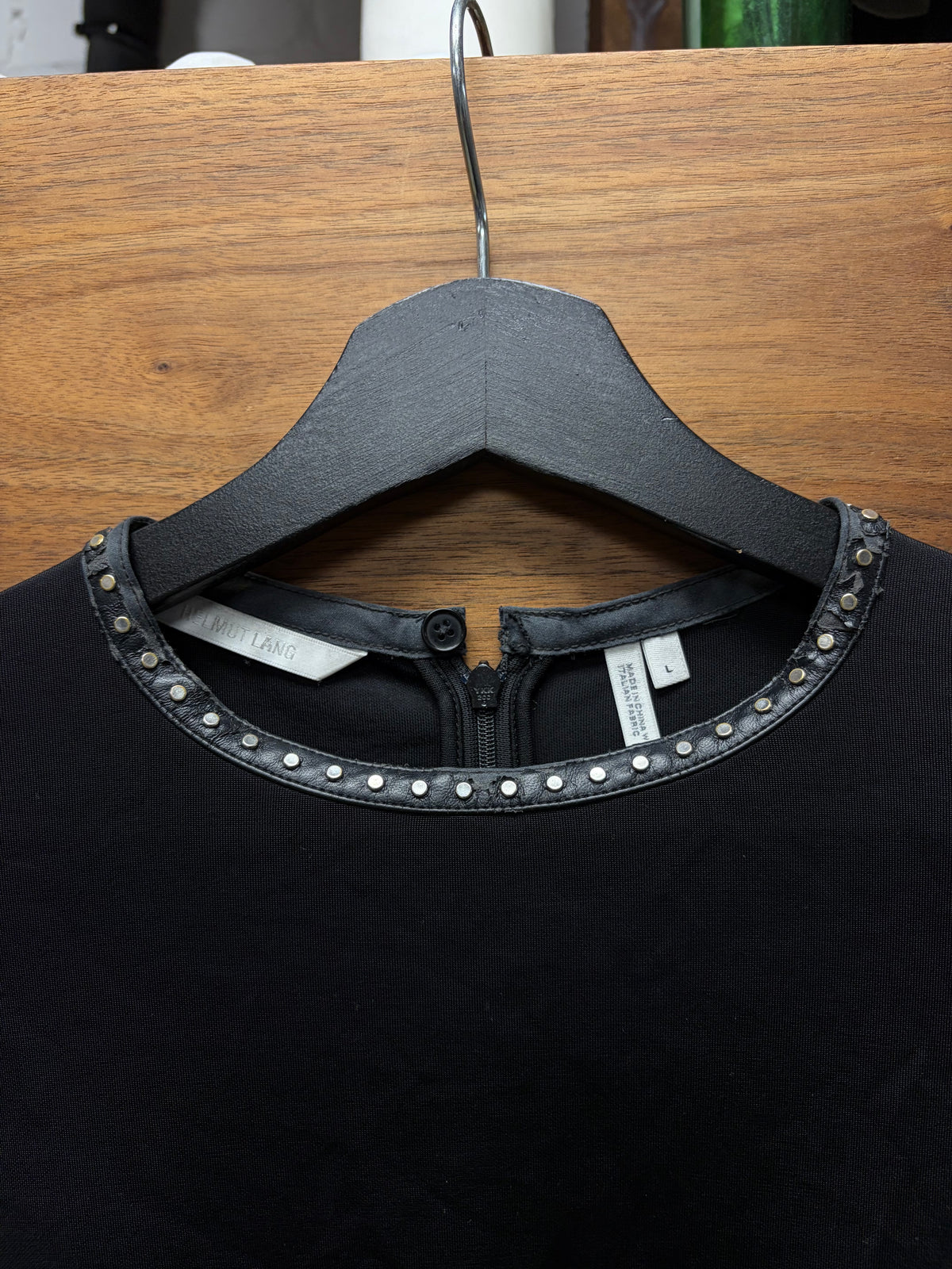 Helmut Lang Studded ‘Leather Trim’ Black Long Sleeve Shirt