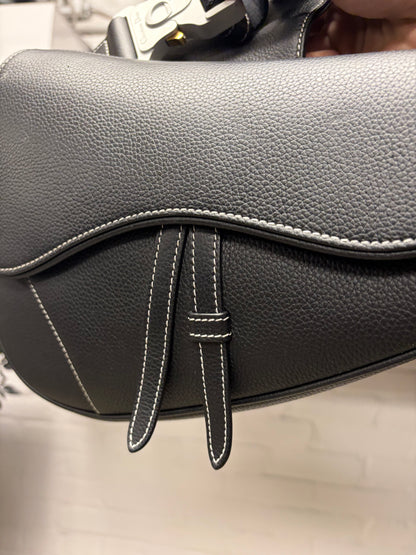 Dior Grained Black Calfskin Leather ‘Saddle Bag’ with Roller Buckle Strap