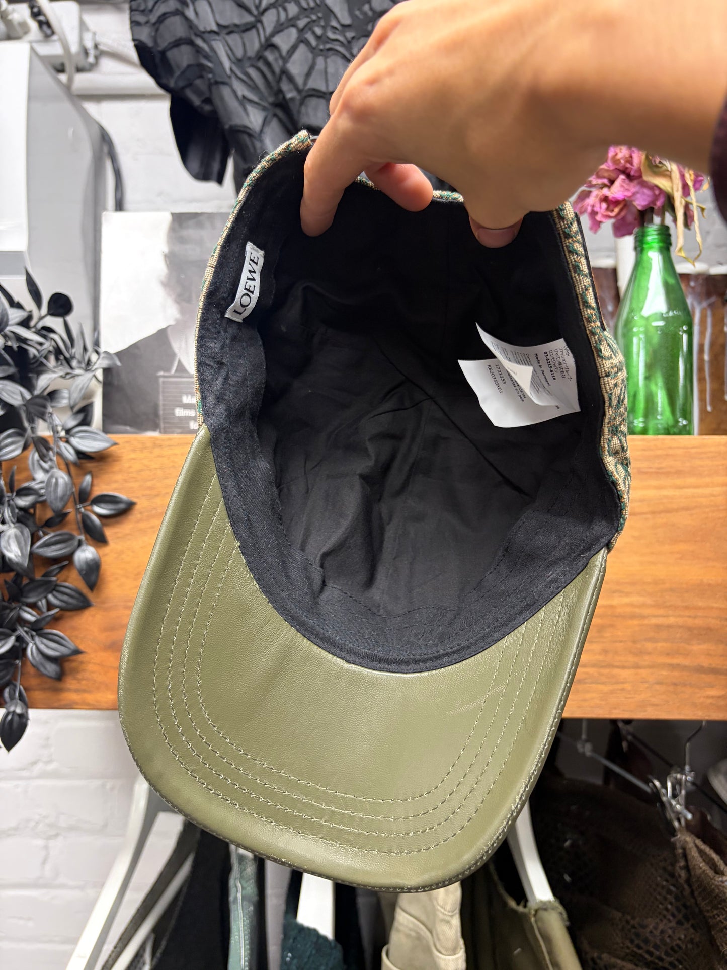 Loewe Green ‘Anagram’ Monogram Green Canvas/Leather Strap-Back Baseball Cap