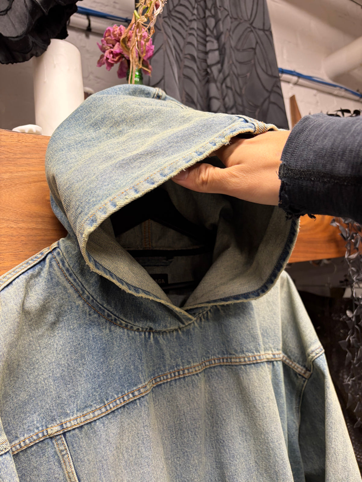 2023 Balenciaga Stone Washed Blue Denim Pullover Hoodie