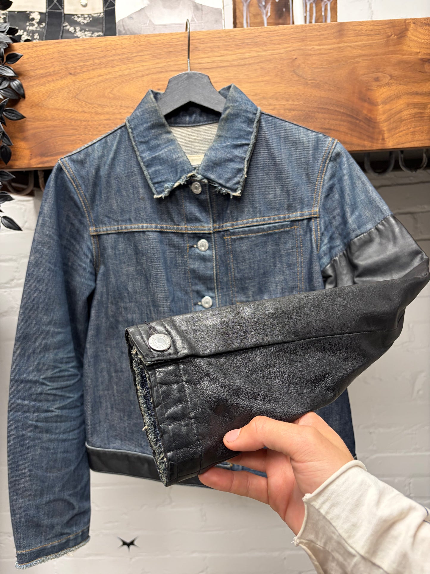 AW2003 Helmut Lang Leather Hybrid Sleeve Reconstructed Denim Trucker Jacket