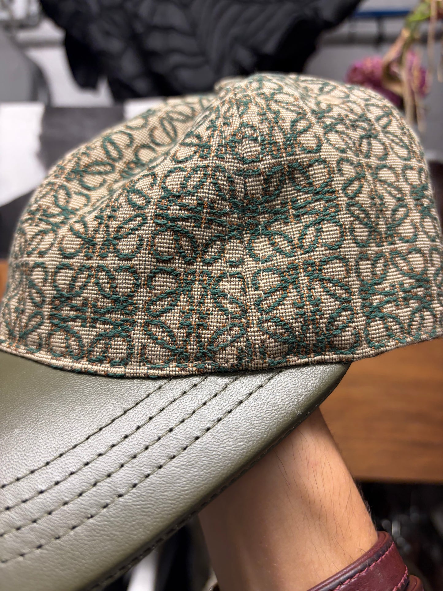 Loewe Green ‘Anagram’ Monogram Green Canvas/Leather Strap-Back Baseball Cap