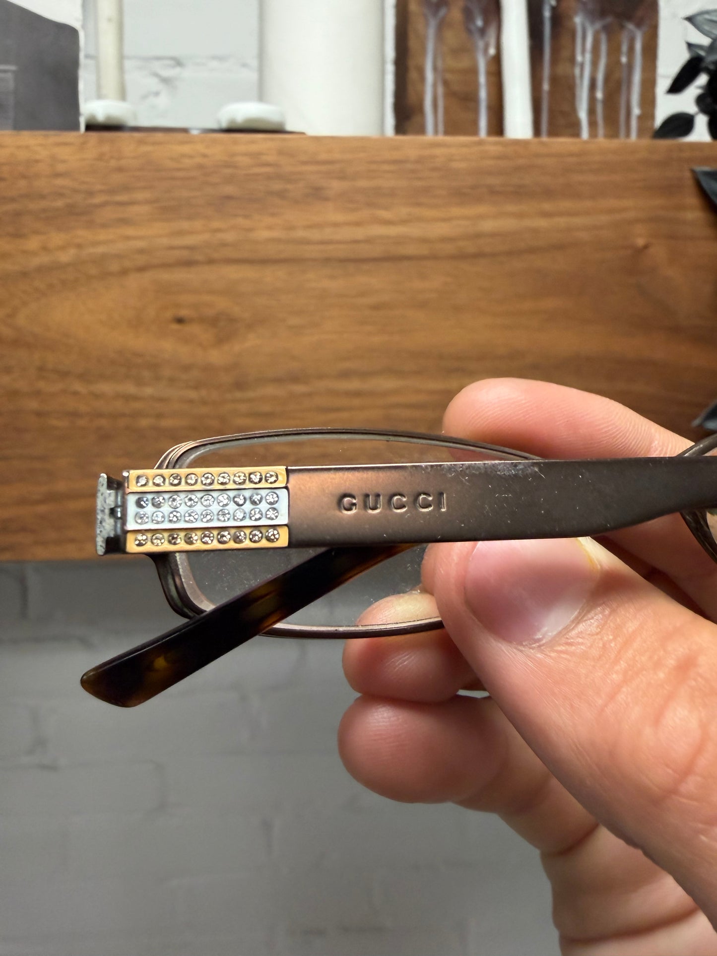 Gucci Rhinestone Brown Rectangular Frame Prescription Glasses