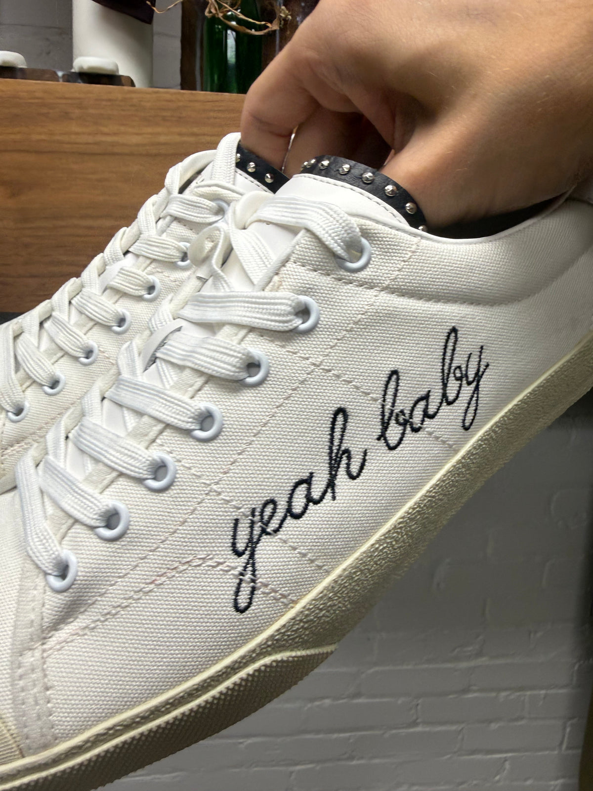 2017 Saint Laurent ‘Yeah Baby’ Cursive Embroidered Studded Leather/ White Canvas Low Top Sneakers