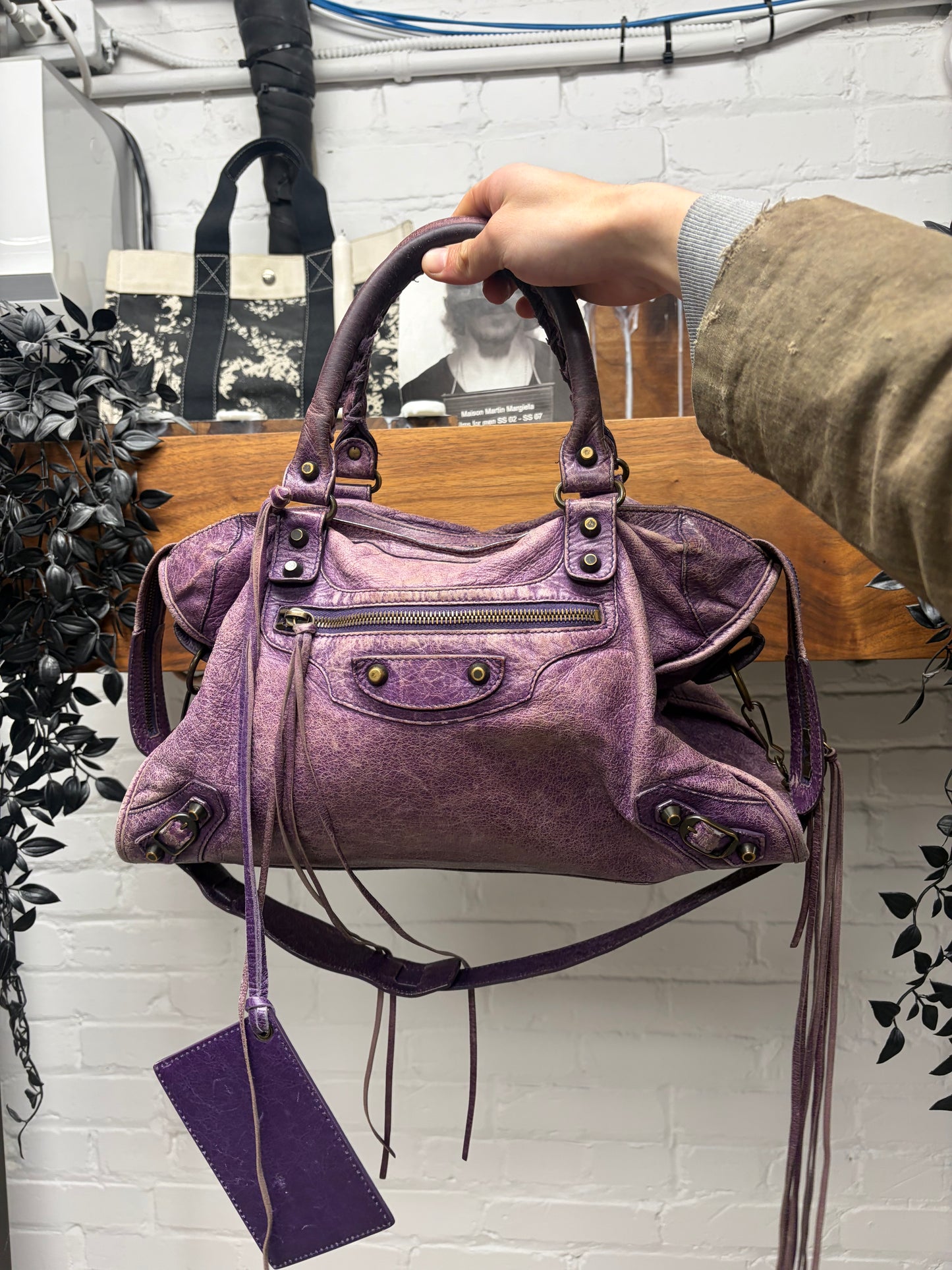 Balenciaga Purple Lambskin Leather ‘City’ Bag with Crossbody Strap
