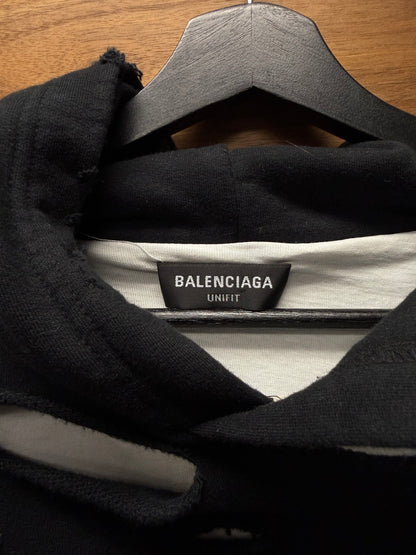 2021 Balenciaga ‘Caps’ Double Layer Distressed Black Hoodie