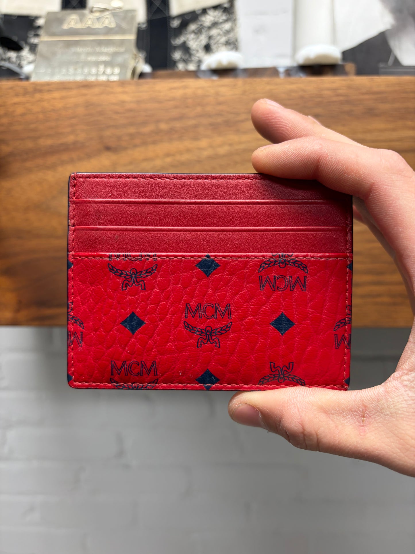 MCM Red Monogram Leather Cardholder Wallet