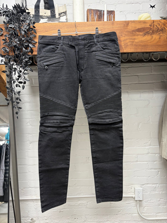 Balmain Waxed Black Biker Knee Skinny Jeans