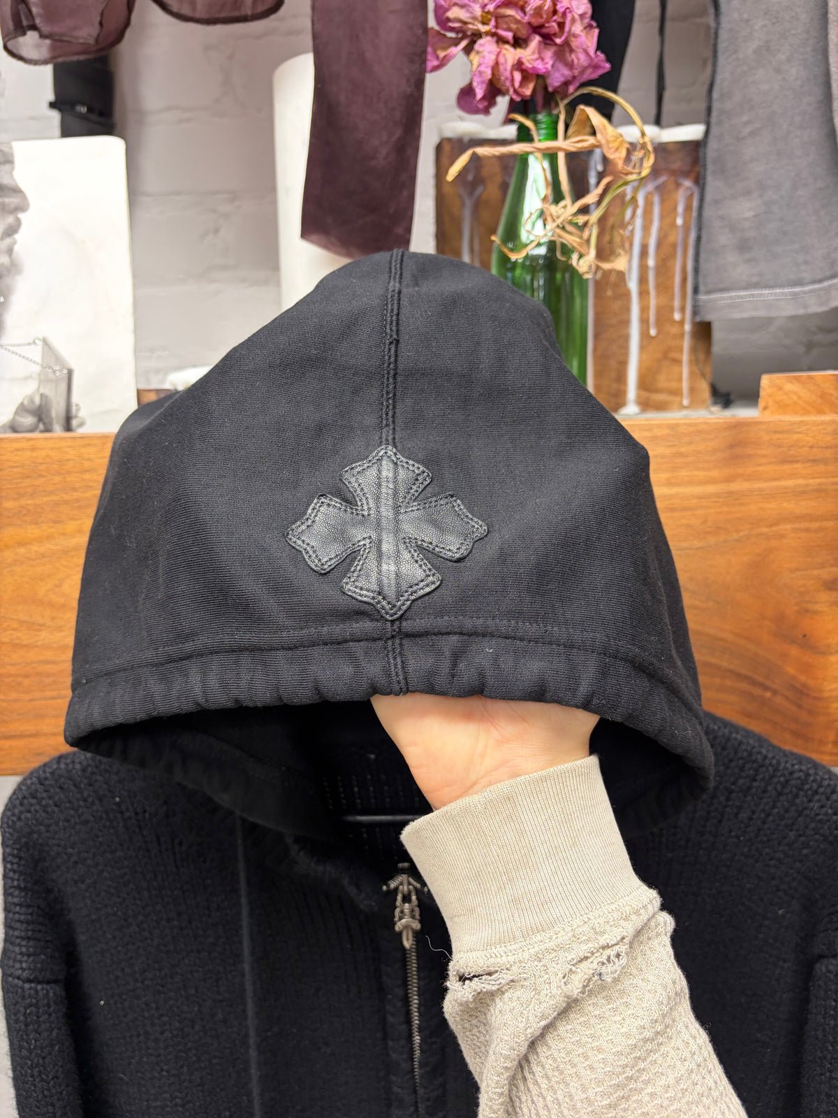 Chrome Hearts Custom Order Cashmere/Leather Cross Patch .925 Silver Zip-Up Knit Hooded Sweater