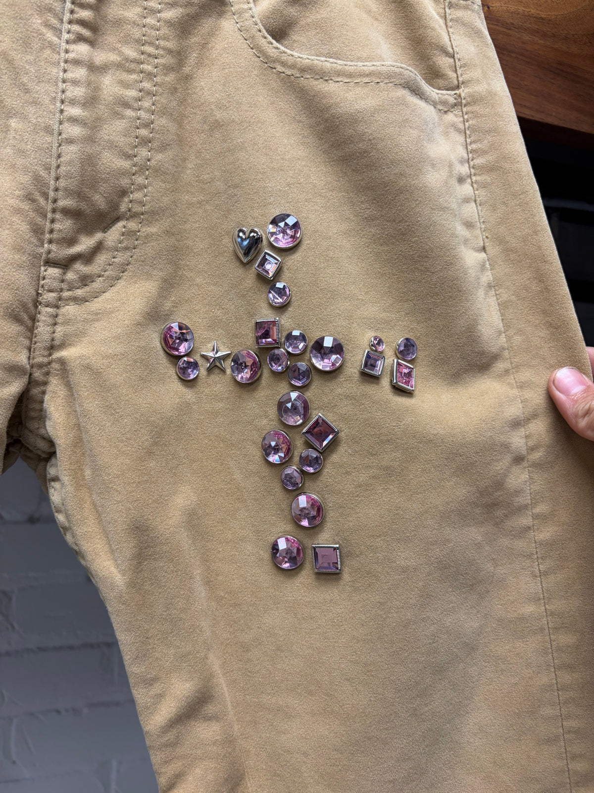AW2002 Junya Watanabe ‘Jewel’ Pink Cross Studded Moleskin Bootcut Pants