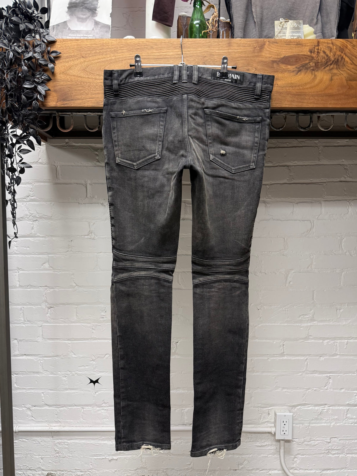 Balmain Distressed ‘Knee Blowout’ Grey Moto-Knee Skinny Biker Denim