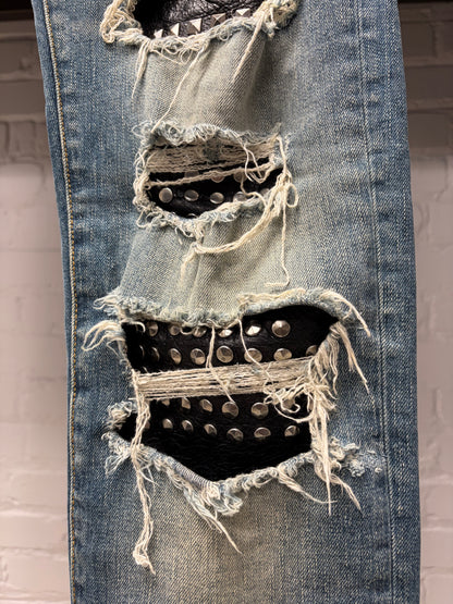 SS2016 Saint Laurent Studded Leather Biker ‘D02’ Washed Blue Skinny Jeans
