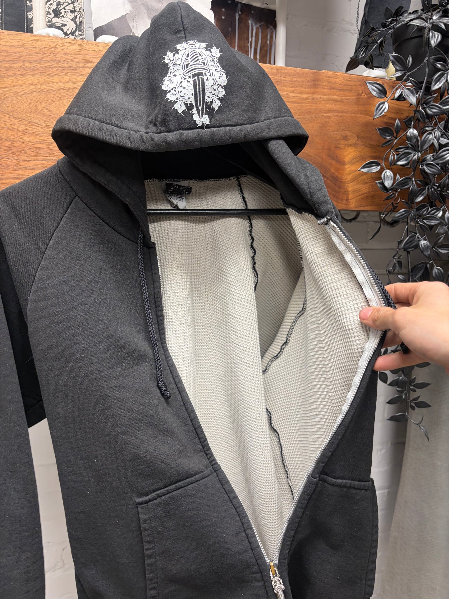 Vintage 90s Chrome Hearts Thermal Lined ‘Floral/Dagger’  925 Silver Dagger Zip Hoodie