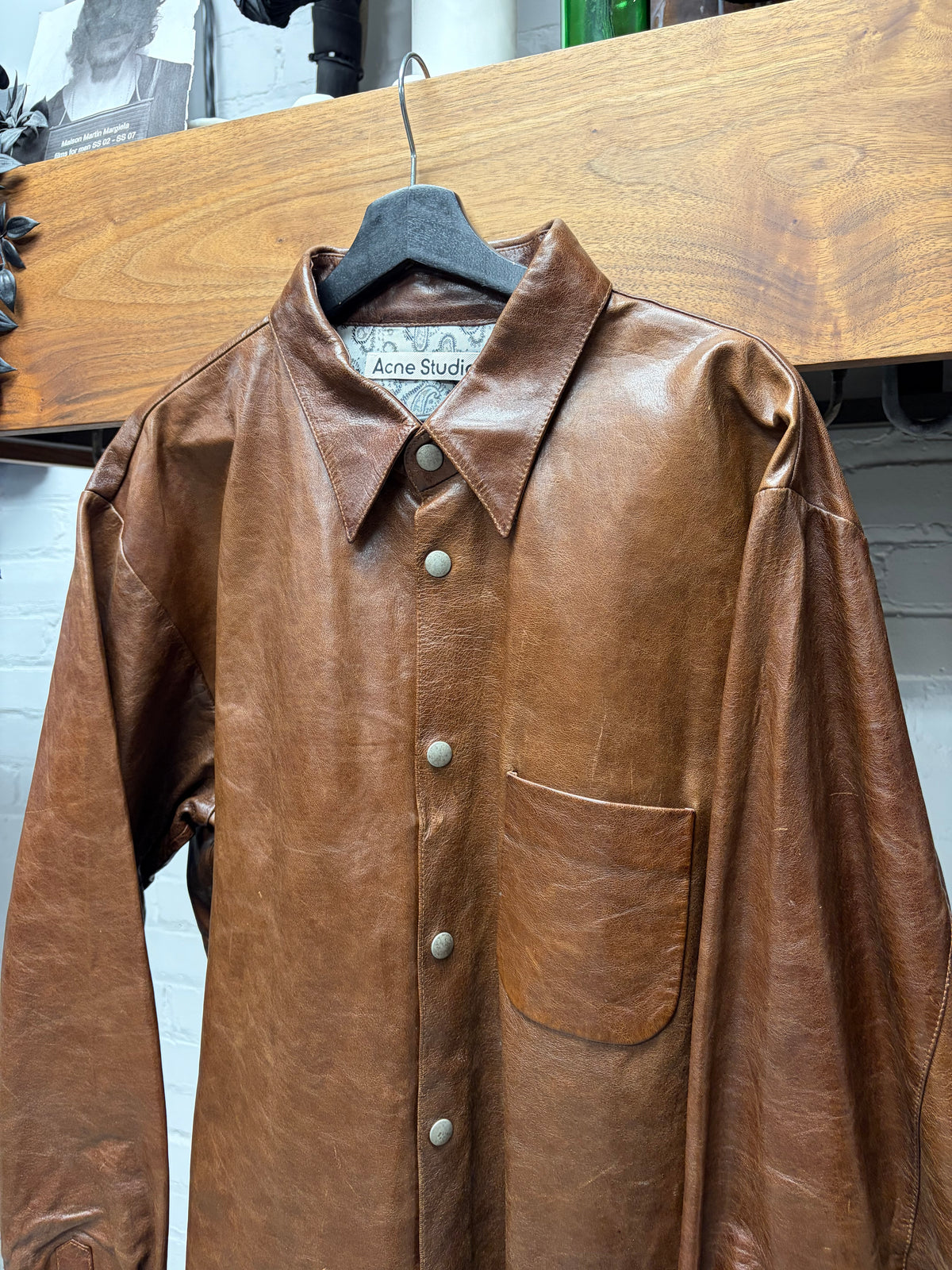 Acne Studios Brown Lambskin Leather Button Snap Shirt Jacket